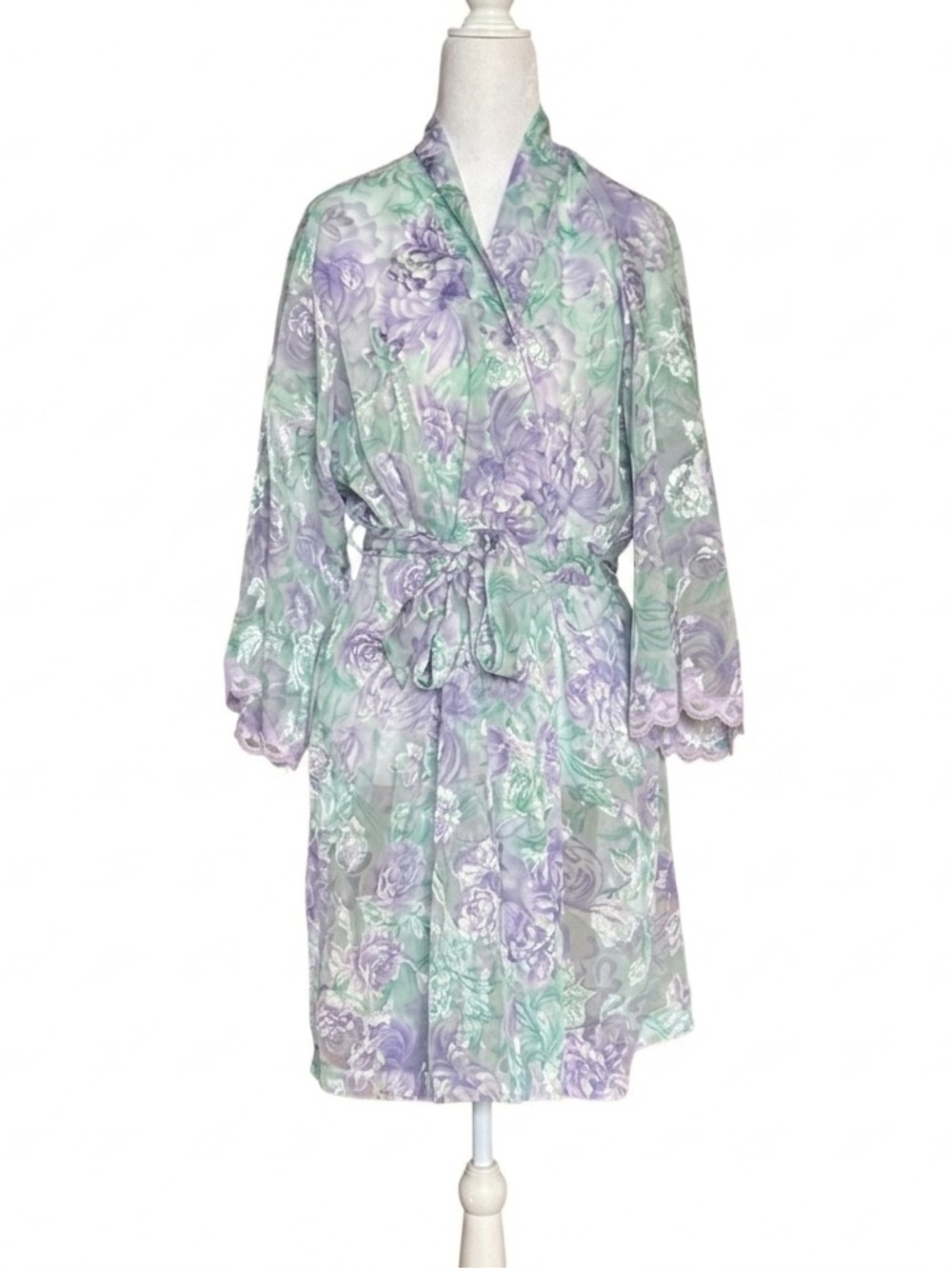Vtg LA Intimates Robe Large Purple Green Floral Sheer Kimono Cottagecore 80s 90s